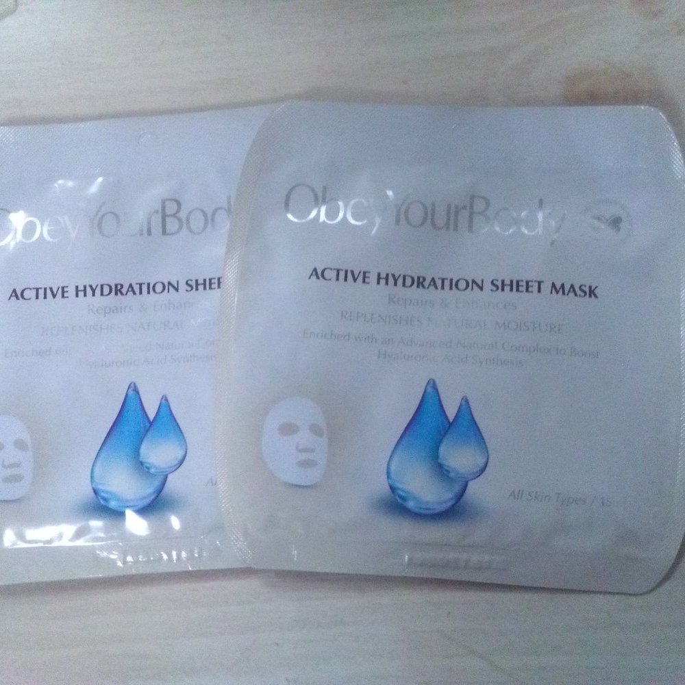 2 ObeyYourBody ACTIVE HYDRATION SHEET MASKS-BOOST HYALURONIC ACID-0.5 oz/15ml EA